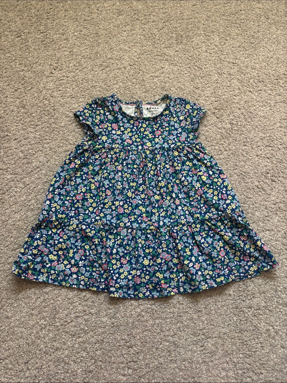 Mini Boden Navy Blue Floral Short-Sleeve Tiered Dress size 3-4T